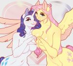 anthro anthrofied areola big_breasts blue_eyes blush breasts cutie_mark duo equid equine evehly female fluttershy_(mlp) friendship_is_magic hair hasbro horn huge_breasts long_hair mammal my_little_pony mythological_creature mythological_equine mythology navel nipples nude pegasus pink_areola pink_hair pink_nipples pink_tail purple_hair purple_tail rarity_(mlp) signature tail text unicorn unicorn_horn url white_body wings yellow_body