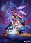  animal_ears ayu_(force_of_will) bunny_ears copyright_name force_of_will japanese_clothes katana long_hair misa_tsutsui official_art purple_hair red_eyes sandals scroll sitting solo sparkle sword thighhighs weapon 