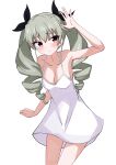  1girl absurdres anchovy_(girls_und_panzer) black_ribbon blush breasts cleavage closed_mouth commentary cowboy_shot dress drill_hair frown girls_und_panzer green_hair hair_ribbon highres leaning_forward long_hair looking_at_viewer medium_breasts motti_(motthi0711) red_eyes ribbon short_dress simple_background sleeveless sleeveless_dress solo spaghetti_strap standing sundress sweatdrop twin_drills twintails white_background white_dress 