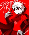  1boy absurdres ahoge cape colored_skin cowboy_shot dave_strider god_tier_(homestuck) hand_up highres homestuck layered_sleeves long_sleeves maengnyeom male_focus pants parted_lips red_background red_cape red_pants red_shirt shirt short_over_long_sleeves short_sleeves solo sunglasses white_hair white_skin 