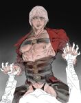  2boys absurdres bara bare_pectorals belt belt_bra black_panties blue_eyes blush dante_(devil_may_cry) devil_may_cry_(series) devil_may_cry_4 erection facial_hair heyheee highres holding holding_hands interlocked_fingers lingerie looking_at_another looking_at_viewer male_focus mature_male multiple_boys muscular muscular_male nipple_jewelry nipple_piercing nipple_rings panties pectoral_focus pectorals piercing pov smile straddling underwear white_hair yaoi 