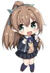  bag black_jacket black_skirt black_socks blazer blue_bow blue_bowtie bow bowtie brown_sweater_vest cellphone chibi collared_shirt dress_shirt green_eyes hair_ribbon himura_moritaka jacket kantai_collection kumano_(kancolle) light_brown_hair long_hair official_alternate_costume open_mouth phone pleated_skirt ribbon round_teeth school_bag school_uniform shirt simple_background skirt smile socks sweater_vest teeth upper_teeth_only white_background white_shirt 