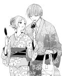  1boy 1girl bag braid braided_bun candy_apple chocolate_banana commentary_request cowboy_shot earrings elf floral_print food frieren greyscale hair_bun hair_up himmel_(sousou_no_frieren) holding holding_bag holding_food japanese_clothes jewelry kimono long_sleeves mikki_(asmp) mole mole_under_eye monochrome obi open_mouth pointy_ears print_kimono sash shopping_bag short_hair sousou_no_frieren 