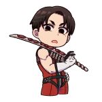  1boy akabane_sousei angry cowboy_shot empty_eyes gloves hand_on_own_hip holding holding_sword holding_weapon jumpsuit male_focus mole mole_under_eye open_mouth pasumura red_jumpsuit sentai_dai_shikkaku short_eyebrows short_hair sleeveless solo sword weapon white_background white_gloves 