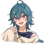  1boy ahoge aqua_hair black_tank_top ensemble_stars! fangs grey_background hitumeji hojo_raika jacket jewelry looking_at_viewer male_focus necklace open_mouth pixiv_username red_eyes simple_background smile solo tank_top twitter_username yellow_jacket 