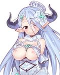  :o bangs bare_shoulders blue_hair blush breasts breasts_outside brown_hair draph dress flower fur_collar gloves granblue_fantasy hair_between_eyes hair_flower hair_ornament hair_over_one_eye hat head_tilt horns izmir large_breasts long_hair looking_at_viewer mini_hat mole mole_under_mouth nipples parted_lips pointy_ears sawayaka_samehada solo upper_body very_long_hair white_dress white_gloves white_hat 