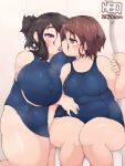  2girls blue_one-piece_swimsuit blurry blurry_background blush breasts brown_hair collarbone commentary_request commission covered_navel covered_nipples fat feet_out_of_frame hair_between_eyes hair_over_eyes hair_over_shoulder hand_on_another&#039;s_arm heo_(tkgm) highres huge_breasts kiss kneeling medium_hair multiple_girls one-piece_swimsuit open_mouth original pink_eyes sitting skeb_commission sweat swimsuit thick_arms thick_thighs thighs translation_request yellow_eyes yuri 