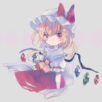  1girl ascot bat_wings blonde_hair crystal flandre_scarlet hat hat_ribbon hiyuu_(hiyualice) mob_cap multicolored_wings one_side_up puffy_short_sleeves puffy_sleeves red_eyes red_vest ribbon short_sleeves side_ponytail skirt skirt_set solo star_(symbol) touhou vest white_hat wings yellow_ascot 