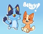  2024 anthro australian_cattle_dog bingo_heeler blue_body blue_fur bluey_(series) bluey_heeler canid canine canis cattledog chibi digital_drawing_(artwork) digital_media_(artwork) domestic_dog female fluffy fluffy_tail fur herding_dog hi_res mammal orange_body orange_fur orcakingu pastoral_dog paws simple_background sitting smile tail watermark 