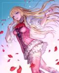  1girl ascot blonde_hair blue_eyes boots box_(hotpppink) breasts dress fingerless_gloves frilled_dress frills gloves gradient_background highres hime_cut lili_(tekken) long_hair medium_breasts petals pink_dress pink_thighhighs red_ascot red_trim skindentation solo sparkle tekken tekken_8 thighhighs white_dress white_footwear white_gloves white_trim 