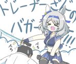  &gt;_&lt; 1boy 1girl animal_ears azusa_(azusa0325) belt bowing crying fingerless_gloves gloves grey_hair headband hishi_miracle_(umamusume) horse_ears horse_girl katana midriff navel open_mouth sandals sweat sword thighhighs trainer_(umamusume) umamusume weapon white_background 