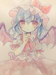  1girl ascot bat_wings blue_hair dress hat hat_ribbon hiyuu_(hiyualice) mob_cap pink_dress pink_hat red_ascot red_eyes remilia_scarlet ribbon shirt short_hair solo touhou traditional_media wings 