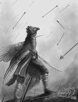  anthro arrow avian beak bird clothed clothing digital_media_(artwork) greyscale holding_object holding_weapon male melee_weapon monochrome pechschwinge solo stanidng sword weapon 