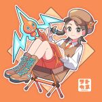  1girl alternate_costume boots braid brown_eyes brown_footwear brown_hair brown_hat brown_vest character_hat_ornament closed_mouth collared_shirt commentary_request hat highres holding holding_stylus juliana_(pokemon) long_sleeves looking_at_viewer orange_shorts outline pokemon pokemon_(creature) pokemon_sv rotom rotom_(normal) shirt shorts sitting smile stylus sutokame tablet_pc vest white_shirt 