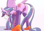  2016 anthro bent_over breath butt clothing conbudou cutie_mark equine eyelashes feathered_wings feathers female fingering fingering_self footwear friendship_is_magic hair high_heels horn legwear long_hair looking_at_viewer makeup mammal mascara masturbation multicolored_hair my_little_pony panting pose purple_eyes shadow shoes simple_background solo spread_wings stockings stripes sweat thick_thighs twilight_sparkle_(mlp) two_tone_hair white_background winged_unicorn wings 