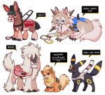 absurd_res ambiguous_gender badge bandanna black_body black_fur blue_eyes brown_body brown_fur claws collar dawn_lycanroc eeveelution english_text feral fur furfrou generation_1_pokemon generation_2_pokemon generation_6_pokemon generation_7_pokemon group growlithe harness hi_res horizontal_pupils kerchief leash lgbt_pride lycanroc markings mudbray muzzle_(object) nintendo patch_(marking) pawpads plushyhart pokemon pokemon_(species) pride_colors pupils service_animal service_dog_harness simple_background striped_markings stripes text tongue tongue_out transgender_pride_colors umbreon white_background white_body white_fur yellow_body yellow_fur