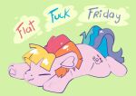 2024 :3 cutepencilcase cutie_mark english_text equid equine eyes_closed female feral flat_colors flat_fuck_friday fur glistening glistening_hair green_background hair hasbro hi_res hooves horse lying mammal meme multicolored_hair my_little_pony my_little_pony_(2003) pink_body pink_fur pony quadruped simple_background sketch solo text toola_roola_(pre_g4) 