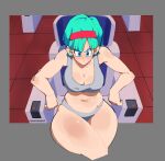  1girl blue_hair breasts bulma cleavage derivative_work dragon_ball dragon_ball_z earrings from_above funnismonkis highres jewelry large_breasts medium_hair screenshot_redraw sitting solo stomach thick_thighs thighs 