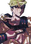  1boy blood blue_eyes card facial_mark green_hair hair_ornament hairclip higashikata_jobin higashikata_mitsuba highres jojo_no_kimyou_na_bouken jojolion lipstick makeup male_focus playing_card solo spikes swampland white_background 