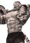  1boy abs animal_ears arknights armband bara black_armband black_shorts cross_scar english_commentary exercising furry furry_male highres hinnab_art looking_ahead male_focus mountain_(arknights) multiple_scars muscular muscular_male nipples pectorals scar scar_across_eye scar_on_arm scar_on_cheek scar_on_chin scar_on_face scar_on_hand scar_on_stomach shorts signature tail tiger_boy tiger_ears tiger_stripes tiger_tail topless_male twitter_username weightlifting white_background 