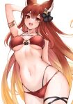  1girl :d animal_ears anthuria arm_behind_back arm_behind_head armlet bikini black_ribbon blonde_hair breasts collarbone erune gradient_hair granblue_fantasy hair_ribbon highres koretsuki_azuma looking_at_viewer medium_breasts multicolored_hair navel open_mouth red_bikini red_eyes red_hair ribbon simple_background smile solo standing swimsuit wet white_background 