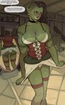 areola breasts butt cleavage clothed clothing collar corset detailed_background dialogue disclaimer ear_piercing ear_ring english_text female hi_res humanoid humanoid_pointy_ears lingerie orc piercing ring_piercing skimpy solo speech_bubble tattoo text topwear tusks