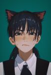  1girl animal_ears annoyed black_hair black_necktie blush cat_ears chainsaw_man collared_shirt commentary frown green_background green_eyes highres looking_at_viewer mitaka_asa necktie ponytail shirt simple_background solo sweat white_shirt yao_liao_wang 