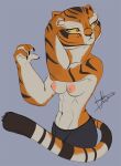 abs anthro areola bottomwear breasts clothed clothing digital_media_(artwork) dreamworks felid female fur hi_res htzx kung_fu_panda mammal master_tigress nipples orange_body pantherine shorts simple_background solo stripes tiger topless topless_anthro topless_female