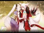  1boy 1girl anger_vein animal_ears blue_nails commentary_request dress feet_out_of_frame fingernails fox_boy fox_ears fox_girl fox_tail fur_collar hakama hakama_pants hakurou_(onmyoji) hand_on_another&#039;s_face hetero high_ponytail highres jacket japanese_clothes jewelry lanmei_jiang layered_sleeves long_dress long_hair long_sleeves looking_at_another magatama magatama_necklace necklace obi onmyoji open_mouth pants pelvic_curtain pink_eyes pom_pom_(clothes) purple_dress red_jacket sash seigaiha short_hair short_over_long_sleeves short_sleeves sleeveless sleeveless_dress smile socks tail very_long_hair white_hair white_pants white_socks wide_sleeves youko_(onmyoji) 