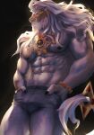  1boy abs absurdres animal_ears bara black_background black_sclera claws colored_sclera dislyte english_commentary furry furry_male grey_pants hands_in_pockets highres hinnab_art javid_(shamash)_(dislyte) jewelry lion_boy lion_ears lion_mane lion_tail male_focus muscular muscular_male nipples pants pectorals red_eyes signature tail topless_male twitter_username 