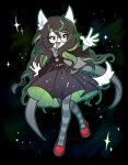  1girl absurdres animal_ears black_dress black_hair black_hood dog_ears dog_tail dress full_body god_tier_(homestuck) green_dress green_eyes green_hair highres homestuck hood hood_down jade_harley long_hair maengnyeom multicolored_hair open_mouth pantyhose red_footwear round_eyewear shoes smile solo space streaked_hair striped_clothes striped_pantyhose tail two-sided_dress two-sided_fabric very_long_hair 