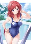  1girl absurdres blue_one-piece_swimsuit blue_sky breasts cleavage cloud collarbone commentary_request competition_swimsuit cosplay covered_navel day hand_on_own_hip highres kirisaki_reina large_breasts looking_at_viewer love_live! love_live!_school_idol_project love_live!_sunshine!! medium_hair nishikino_maki one-piece_swimsuit outdoors purple_eyes red_hair sky solo standing swimsuit thigh_gap thighs watanabe_you watanabe_you_(cosplay) wet 