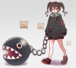  1girl ?_block bad_id bad_twitter_id black_footwear brown_eyes brown_hair chain chain_chomp coat commentary_request crossover drawstring frown full_body green_coat grey_background hair_between_eyes highres holding holding_chain hood hood_down hooded_coat idolmaster idolmaster_cinderella_girls inactive_account long_hair long_sleeves looking_at_viewer mario_(series) mask mask_pull mouth_mask open_mouth ruru_ashihara sharp_teeth shoes sleeves_past_wrists solo standing sunazuka_akira surgical_mask teeth twintails walking 