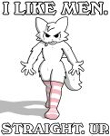  anthro boy_kisser_(meme) chipepper_(artist) clothing fur hi_res leggings leggings_only legwear male meme pattern_clothing pose shadow silly_cat_(mauzymice) solo striped_clothing stripes text white_body white_fur 