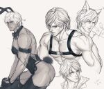  2boys animal_ears bara bare_pectorals beard chest_hair crossdressing dante_(devil_may_cry) devil_may_cry_(series) devil_may_cry_4 facial_hair highres male_focus mature_male monochrome multiple_boys muscular muscular_male nero_(devil_may_cry) pectorals playboy_bunny rabbit_ears smile toned toned_male vaness_fu 