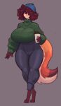 anthro beanie beverage big_breasts breasts clothing coffee female guide_lines hair hat headgear headwear hi_res one_eye_obstructed pear-shaped_figure solo tail thecoatl034 thick_thighs wide_hips