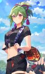  1girl 3boys absurdres alternate_costume black_shorts blush breasts closed_mouth crop_top genshin_impact genta_(genshin_impact) green_hair hair_between_eyes hair_ornament highres kuki_shinobu long_hair looking_at_viewer mamoru_(genshin_impact) medium_breasts midriff mikami_michael multiple_boys navel ponytail purple_eyes shorts solo stomach 