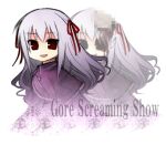  1girl bleeding blood censored chibi commentary_request copyright_name dress exposed_brain gore_screaming_show grey_hair guro hair_ribbon injury looking_at_viewer lowres mosaic_censoring multiple_views purple_dress red_eyes red_ribbon redvvvred ribbon smile yuka_(gore_screaming_show) 