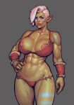  2024 abs biceps big_breasts bikini boobsgames breasts clothing deltoids female green_body green_skin grey_hair hair hi_res humanoid humanoid_pointy_ears muscular muscular_female navel nipples not_furry orc solo swimwear tattoo tusks 