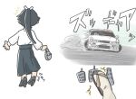  1girl alternate_costume black_hair black_skirt car commentary_request dress_shirt driving ferret-san foot_pedal from_behind highres houshou_(kancolle) kantai_collection long_hair long_skirt motor_vehicle multiple_views ponytail sandals shirt skirt vehicle_request white_shirt 