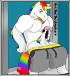  2017 anthro blue_eys clothed clothing digital_media_(artwork) equine hair hi_res horn male mammal masturbation multicolored_hair notkastar_(artist) pants pants_down partially_clothed pubes shirt solo standing t-shirt underwear unicorn 