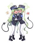  ! 2girls :d absurdres ankle_boots armband black_footwear black_hat black_tail blue_archive blue_armband blush boots demon_tail from_side full_body gloves green_hair green_halo halo hat heart highres hikari_(blue_archive) holding_hands interlocked_fingers isinose_(ilxodidli) long_hair long_sleeves looking_at_viewer multiple_girls nozomi_(blue_archive) open_mouth pantyhose peaked_cap pointy_ears siblings simple_background sisters smile spoken_exclamation_mark spoken_heart tail tongue tongue_out twins twintails white_background white_gloves white_pantyhose yellow_eyes 