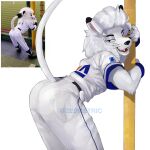 1:1 absurd_res anthro baseball_uniform butt clothing hi_res holding_onto leo_(saitama_seibu_lions) looking_back male mascot nippon_professional_baseball presenting presenting_hindquarters raised_tail saitama_seibu_lions smug_face solo sportswear tail uniform ze0metric