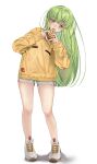  1girl absurdres alternate_costume blush budgiepon c.c. casual code_geass commentary crossed_bangs dolphin_shorts eating eyes_visible_through_hair fingernails food food_in_mouth full_body green_hair grey_shorts hair_between_eyes hands_up highres holding holding_food holding_pizza legs long_hair looking_at_viewer pizza pizza_slice shoes shorts signature simple_background sleeves_past_wrists sneakers solo standing straight_hair sweater thighs translated very_long_hair white_background white_footwear yellow_eyes yellow_sweater 