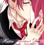 1boy 1girl blush collared_shirt commentary_request earrings fingernails hand_in_another&#039;s_hair happy_valentine hetero jewelry kiss lanmei_jiang long_hair lowres ming_wei_aiqing_de_chibang multiple_earrings necktie pink_hair red_hair red_necktie shirt short_hair upper_body white_shirt 