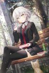 1girl ahoge blush breasts fate/grand_order fate_(series) gabiran grey_hair hand_on_own_hip highres jeanne_d&#039;arc_alter_(avenger)_(fate) jeanne_d&#039;arc_alter_(fate) large_breasts long_sleeves looking_at_viewer school_uniform short_hair skirt solo thighhighs yellow_eyes 