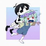  !? 2boys absurdres barefoot basil_(headspace)_(omori) basil_(omori) black_eyes black_hair black_socks black_tank_top blue_overalls chibi collared_shirt flower green_hair green_shirt head_wreath highres kageimo multiple_boys omori omori_(omori) open_mouth overalls red_eyes shirt short_hair short_sleeves shorts socks tank_top white_shorts 