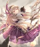  ascot black_gloves brown_hairband dress earrings flying flying_sword gloves gold_earrings granblue_fantasy granblue_fantasy:_relink hairband harvin highres jewelry khell maglielle_(granblue_fantasy:_relink) multiple_weapons petite pointy_ears princess_dress purple_ascot white_dress 