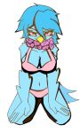  anthro avian bikini bird blue_body blue_feathers blue_hair clothing feathers female flower flower_accessory flower_garland hair hi_res kneeling martlet_(undertale_yellow) pink_bikini pink_clothing pink_eyes pink_flower pink_swimwear plant sinshadybaby solo swimwear undertale_(series) undertale_yellow 