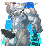 abs anthro balls biceps black_penis bodily_fluids breath canid canine canis cum epic_games erection first_person_view fortnite fur genital_fluids genitals grey_body grey_fur grin harness hi_res himahimaa humanoid_genitalia humanoid_penis leash looking_at_viewer male mammal muscular muscular_anthro muscular_male nipples pecs penis smile solo thick_penis vein veiny_muscles wendell_(fortnite) wolf yellow_eyes
